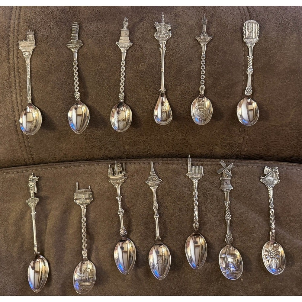 Vintage Lot 13 Collectible Spoons Souvenir Silver Plated 4.5"-5"